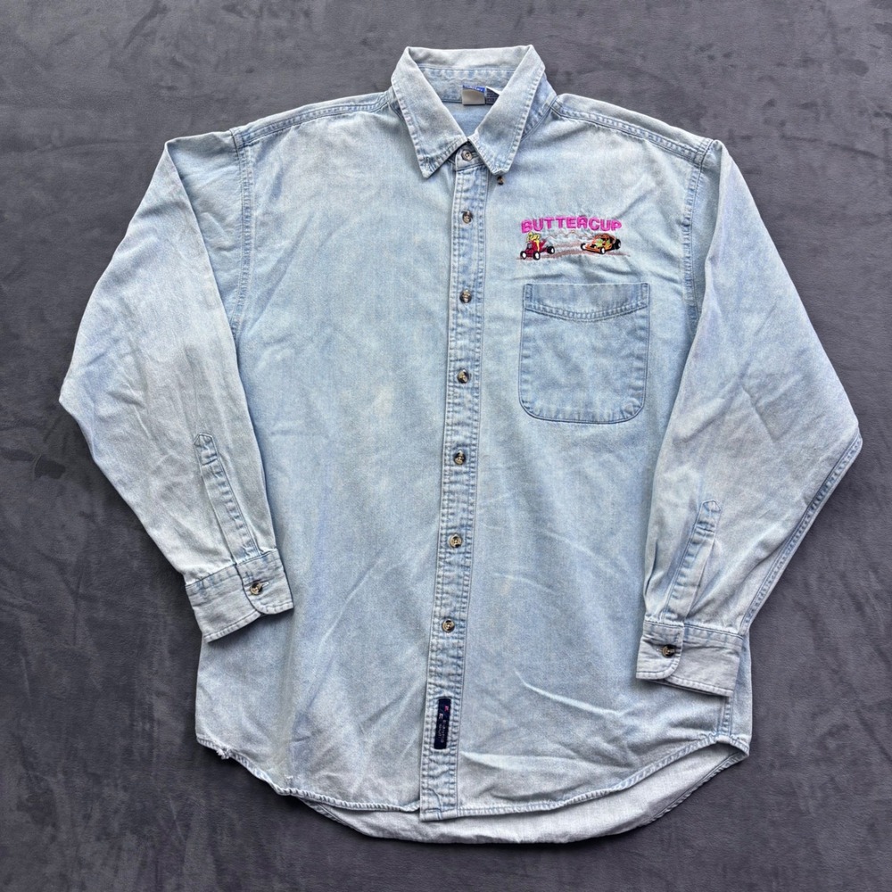 VTG Port and Company Mens Light Wash Denim Buttercup Embroidery Shirt M Blue